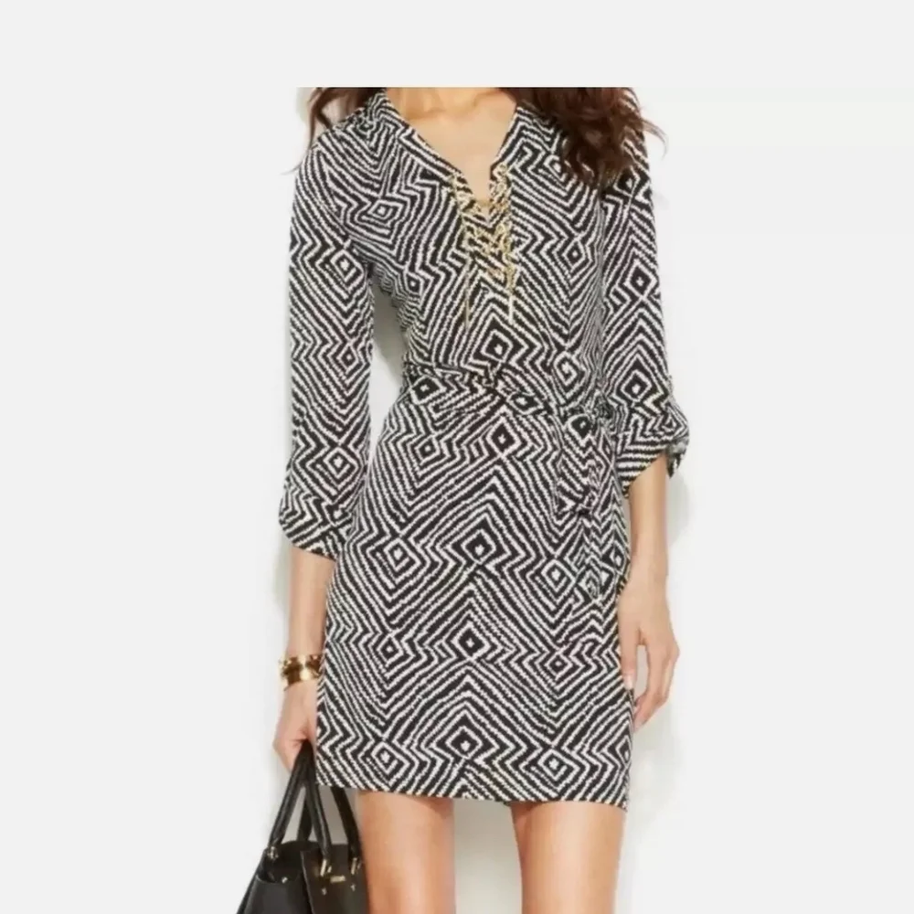 Michael Kors Black and White Sheath Dress with Plunge Neckline
